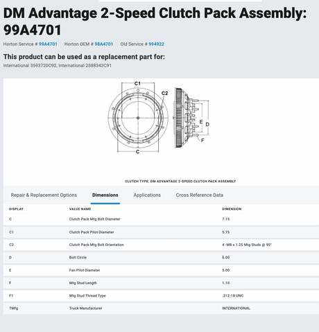 International DT466E 984154 Diesel Engine Fan Drive For Sale