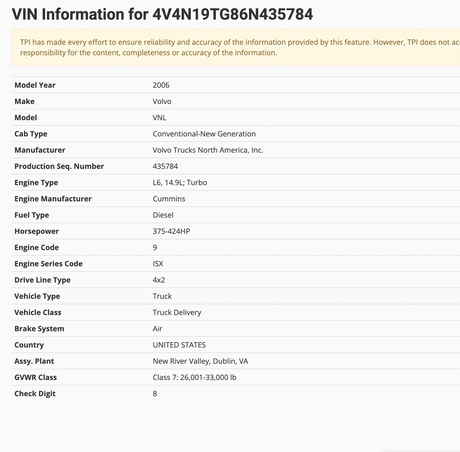 2006 VOLVO VNL CONVENTIONAL NEW GENERATION CAB FOR SALE