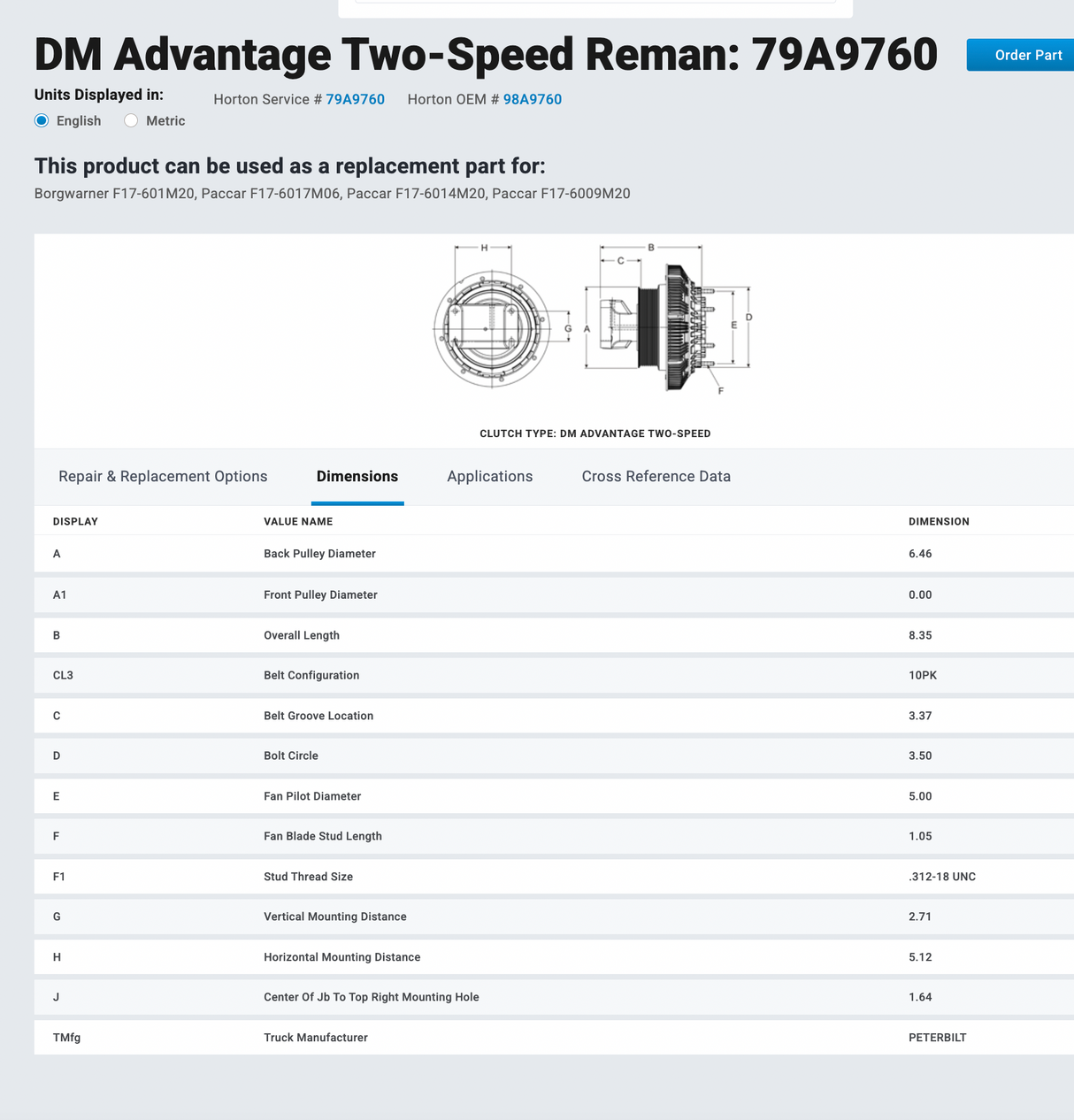 2012 CUMMINS ISX HORTON DM ADVANTAGE 2-SPEED REMAN FAN CLUTCH Part # 79A9760 FOR SALE