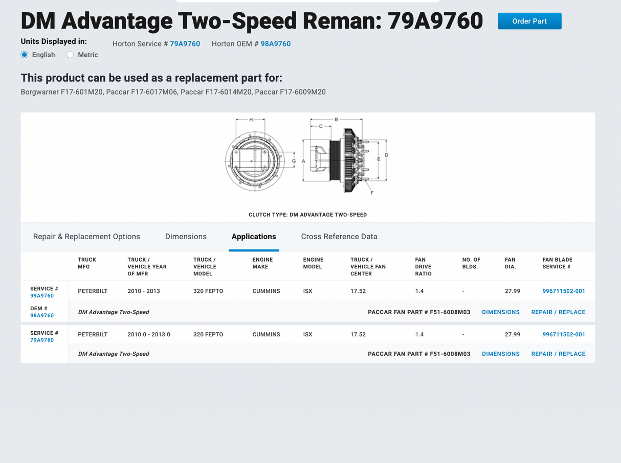 2012 CUMMINS ISX HORTON DM ADVANTAGE 2-SPEED REMAN FAN CLUTCH Part # 79A9760 FOR SALE