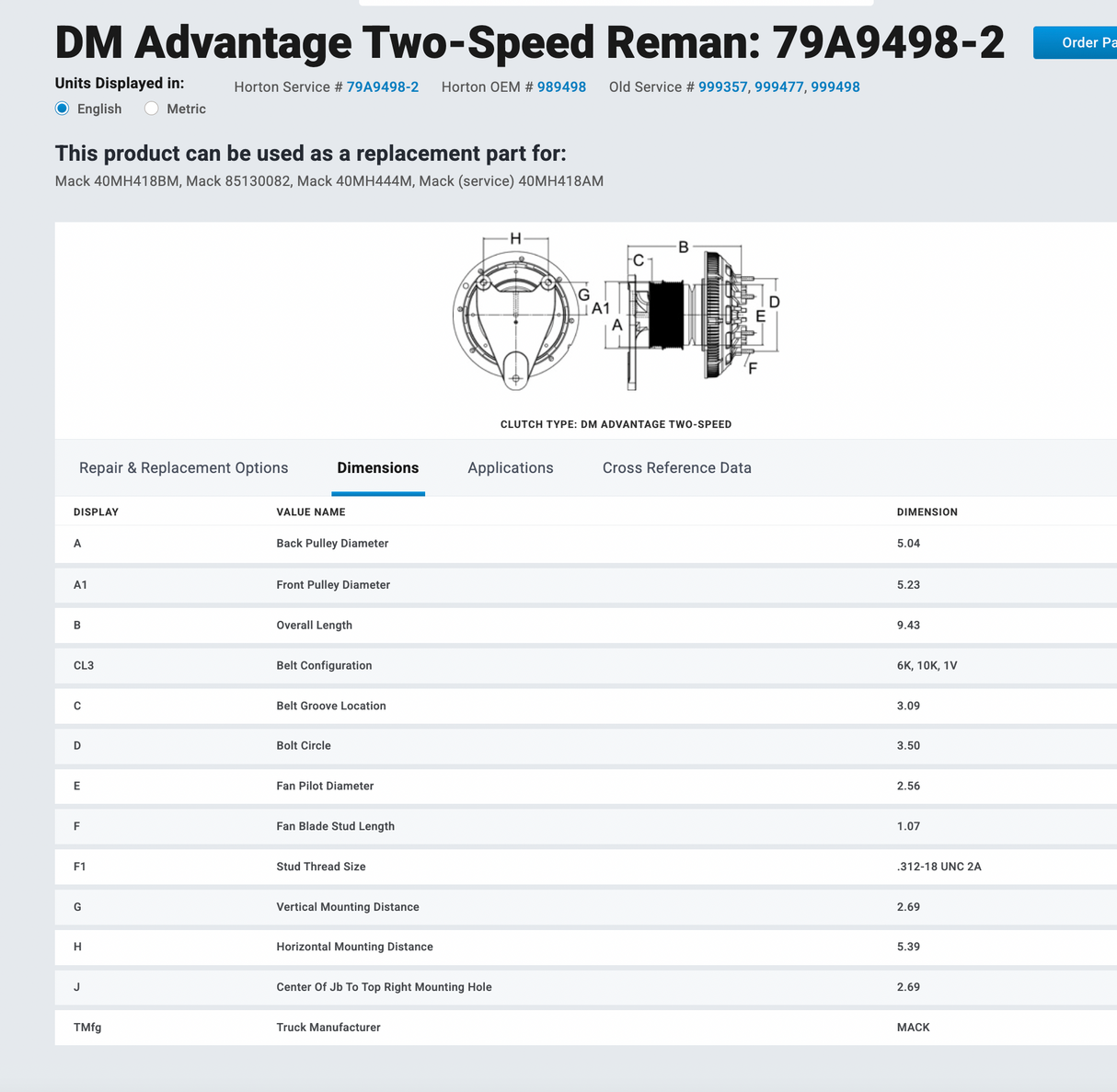 Mack E7 Horton 2-Speed Fan Clutch Part 79A9498-2 For Sale