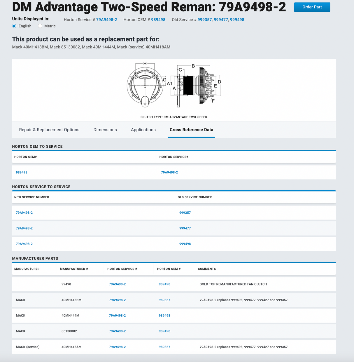 Mack E7 Horton 2-Speed Fan Clutch Part 79A9498-2 For Sale