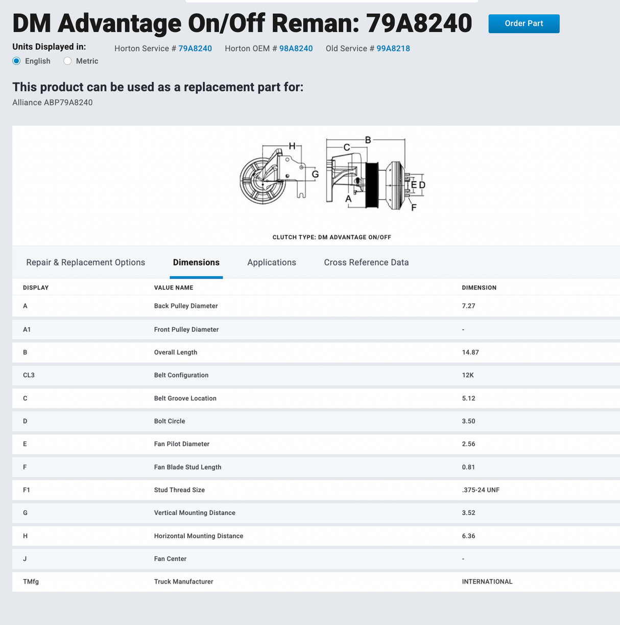 Horton DM Advantage On/Off Fan Clutch Part # 98A8420, Base Part # 602217, Pulley Part # 602217 For Sale