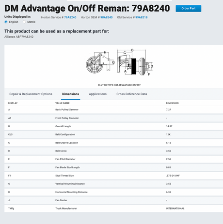 Horton DM Advantage On/Off Fan Clutch Part # 98A8420, Base Part # 602217, Pulley Part # 602217 For Sale